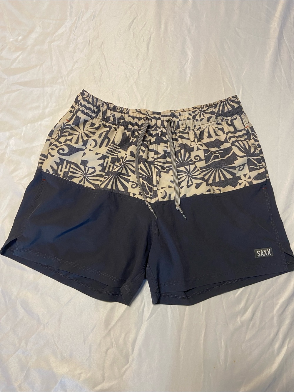 Saxx Men's Navy Swim Trunks with Cream Patterned Waistband